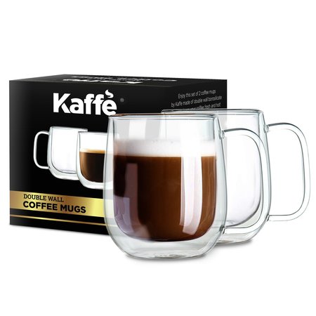 KAFFE 10oz Glass Coffee Mugs. Double-Wall Borosilicate Glass Coffee Cups Set of 2 (Two) KF4041